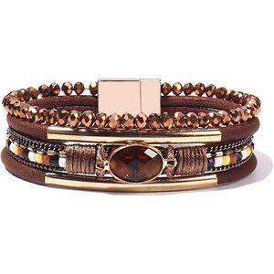 Leather Wrap Bracelet Crystal Beads Boho Cuff Stone Charm Adjustable